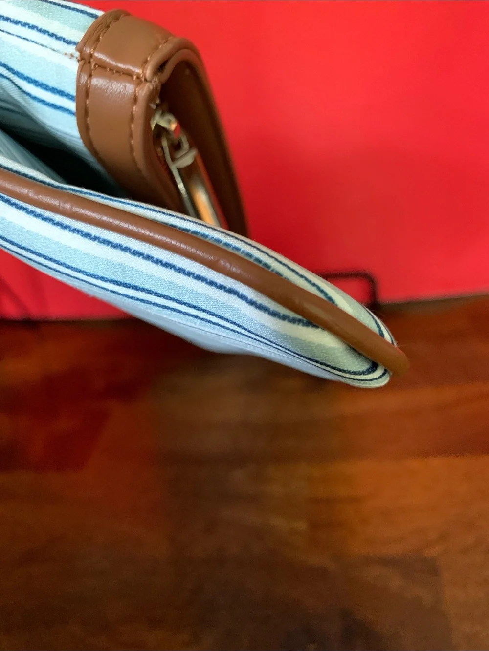 White House Black Market Blue and White Striped Fold-Over Clutch with Brown Trim - Picture 8 of 8